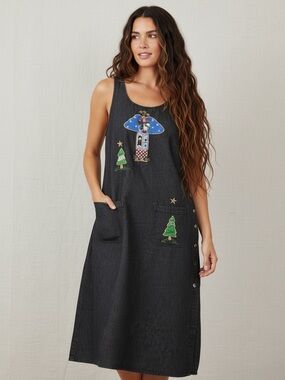 VTG 90s Quacker Factory Denim Angel Christmas Midi Jumper Dress  Size M